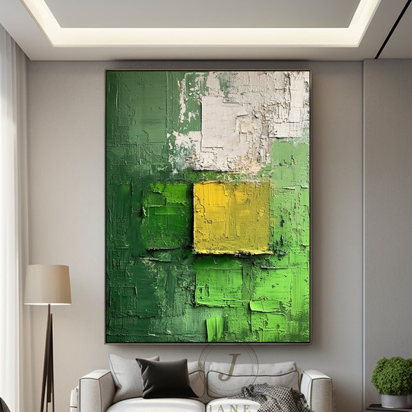 Peinture texturée 3D verte Peinture minimaliste 3D jaune Grande peinture abstraite verte Peinture murale jaune Art mural vert Déco murale blanche