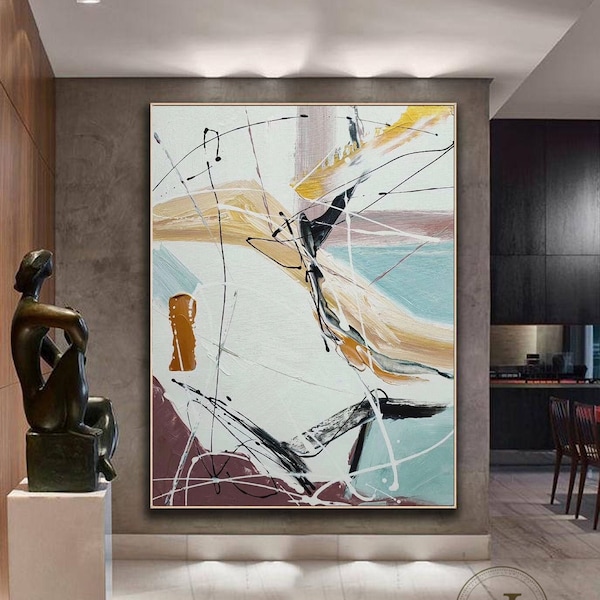 Großes Original abstraktes Gemälde auf Leinwand, Zeitgenössische Wandkunst, Beiges Abstraktes Gelbes Bild, Minimalistisches Ölgemälde