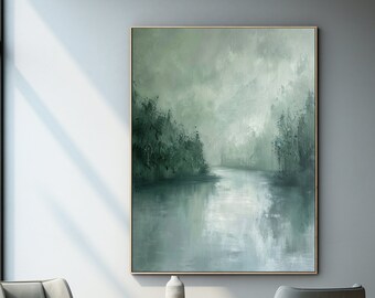 Large Green Abstract Landscape Painting: Modern Wall Art
