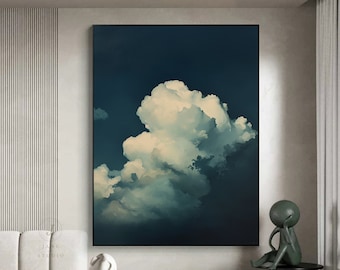 Large Cloud Oil Painting: Navy Blue Sky Abstract Art