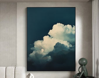 Original Cloud Oil Painting: Navy Blue Sky, White Cloud Canvas Art