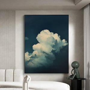 Large Cloud Oil Painting: Navy Blue Sky Abstract Art