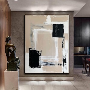 Beige Abstract Painting: Black Textured Boho Wall Art