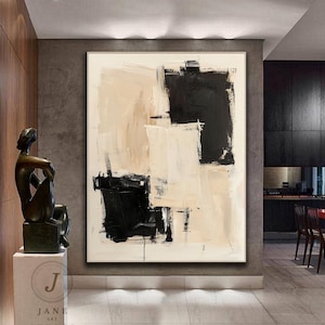 Beige & Black Abstract Canvas Painting: Boho Textured Wall Art