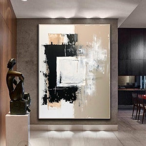 Beige Abstract Painting: Boho Black Canvas Wall Art
