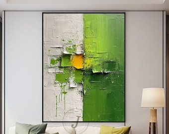 Origineel abstract olieverfschilderij wit getextureerd schilderij groene 3D textuur kunst schilderij gele minimalistische muur kunst grote abstracte canvas kunst