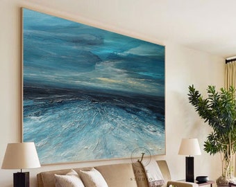 Origineel marineblauw zeeniveau canvas schilderij, golvend landschap abstract schilderij, origineel oceaan abstract schilderij, abstract zeegezicht schilderij