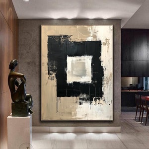 Beige Abstract Painting: Black Textured Boho Wall Art