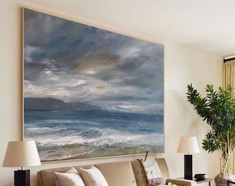 Groot zeeniveau landschap abstract schilderij op canvas, golven canvas olieverfschilderij, originele oceaan abstract schilderij, abstract schilderij zeegezicht, golven canvas olieverfschilderij