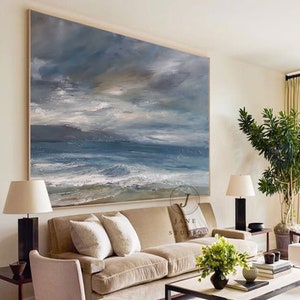 Large Sea Level Landscape Abstract Painting On Canvas,Waves Canvas Oil Painting,Original Ocean Abstract Painting,Seascape Abstract Painting image 1