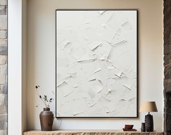 White 3D Texture Painting: Minimalist Boho Canvas Wall Art