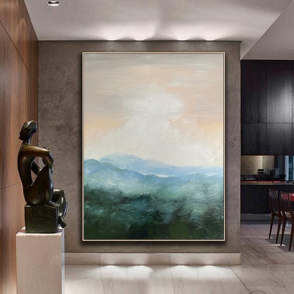 Green Abstract Oil Painting On Canvas Wall Art Mountain Painting Large Abstract Sky Oil Painting Original Abstract Lanscape Art  Room Decor