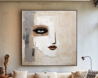 Woman Face Abstract Oil Painting Pop Abstract Painting Beige Minimalist Abstract Painting Cartoon Painting Morden Art Bohemian Wall Art