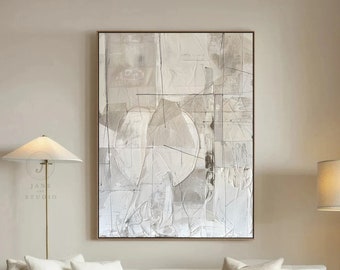 Groot beige abstract schilderij met textuur: boho canvas muurkunst
