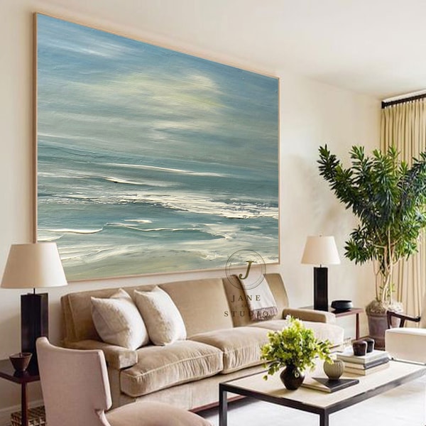 Original Sea Abstract Oil Painting,White Waves Texture Painting,Large Sky And Sea Painting,Large Ocean Canvas Painting,Living Room Art