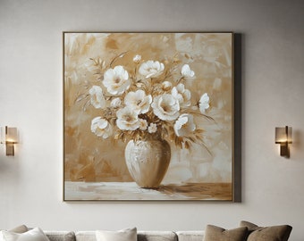 Large Textured Abstract Flower Oil Painting Original Minimalist White Floral Palette Knife Acrylic Painting Modern Living Room Wall Art