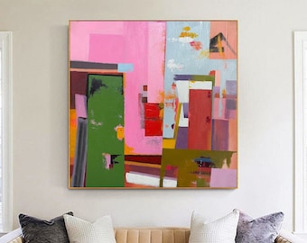 Large Pink Abstract Oil Painting – Handmade Colorful Wall Art for Living Room, Modern Feminine Office or Bedroom Decor Canvas