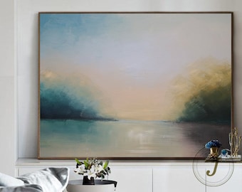 Original Abstract Sea Level Oil Painting,Blue Landscape Abstract painting,Sky Oil Painting,Large Ocean Canvas Oil Painting,Living Room Art