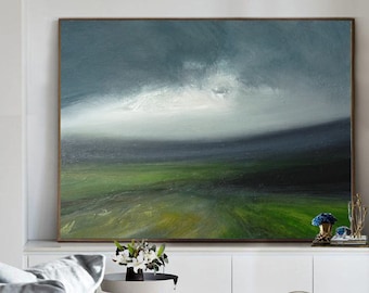 Large Original Sky Oil Painting, Green Landscape Abstract Painting, Sky Abstract Art,Wall Art Oil Painting, Large Gray Canvas Oil Painting