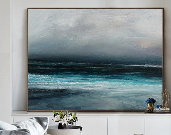 Original Blue Ocean Canvas Oil Painting, Sea Level Abstract Oil Painting,Gray Abstract Painting,Sky Landscape painting ,Large Wall  sea Art