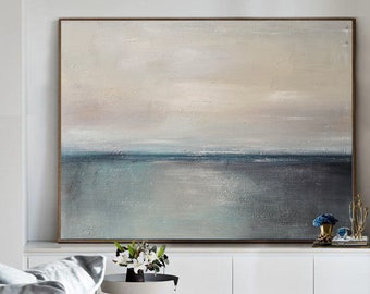 Original Sea Abstract Painting,Green Ocean Landscape Painting,Gray Sky Landscape Painting,Abstract Painting On Canvas,Large Wall Painting