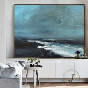 Original Ocean Canvas Oil Painting: Blue Gray Abstract Seascape, Large Wall Art