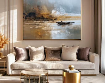 Dipinto ad olio con texture di paesaggio marino dorato: nave astratta sul mare, opera d'arte da parete realizzata a mano.