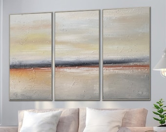 Large Original Sea Level Gold Oil Painting,Yellow Sky Landscape Oil painting On Canvas,Beach Texture Painting,Living Room Paint Set of 3 art