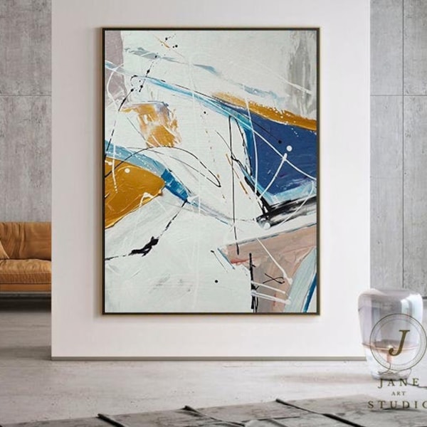 Großes Original abstraktes Gemälde auf Leinwand, zeitgenössische Kunst, goldgelbes Ölgemälde, minimalistisches abstraktes Bild, Wohnzimmer Wandkunst