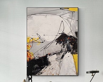 ミニマリストスタイルの抽象画、オリジナルの黒黄色の抽象画、小さな壁