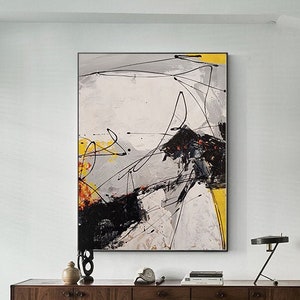 Large Black & Yellow Abstract Oil Painting on Canvas: Contemporary Art