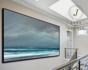 Large Original Sea Level Blue Oil Painting,Large Wall Art Light Blue Sky Oil Painting,Sky Landscape painting,Large Ocean Canvas Oil Painting