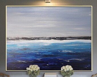 Deep Blue Ocean Landscape Painting,Original Sea Abstract Oil Painting On Canvas,Sky Landscape Painting,Large Sofa Wall Sea Art Oil Painting