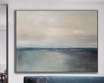 Original Sea Abstract Painting,Green Ocean Landscape Painting,Gray Sky Landscape Painting,Abstract Painting On Canvas,Large Wall Painting