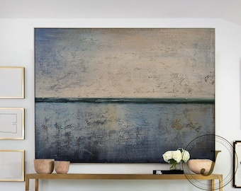 Large Ocean Canvas Painting,Original Sea Abstract Oil Painting, Blue Ocean Texture Painting,Large Sky And Sea Painting,Living Room Wall  Art