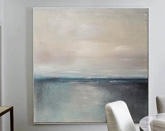 Originele abstracte zeeschilderij, landschapsschilderkunst groene oceaan, landschapsschilderkunst grijze lucht, abstract schilderij op canvas, grote muurschilderij, grijze lucht landschapsschilderkunst