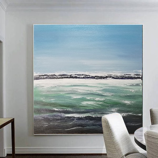 Large Abstract Art Painting,Original Green Sea Painting, Wall Art On Canvas,Blue Sky Landscape Oil painting,Sofa Wall Art Painting