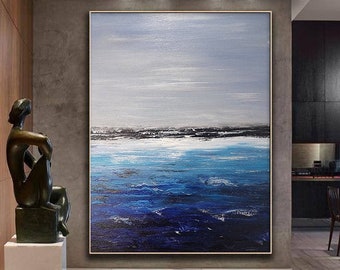 Deep Blue Ocean Landscape Painting,Sky Landscape Painting,Original Sea Abstract Oil Painting On Canvas,Large Sofa Wall Sea Art Oil Painting