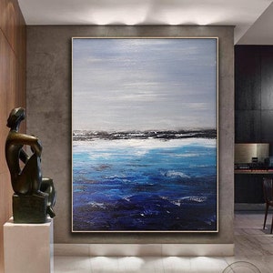 Deep Blue Ocean Landscape Painting,Sky Landscape Painting,Original Sea Abstract Oil Painting On Canvas,Large Sofa Wall Sea Art Oil Painting image 1