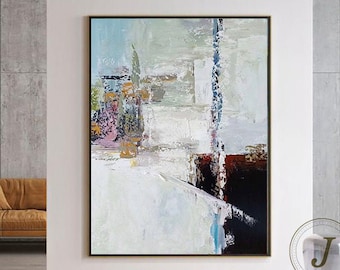 Op de afbeelding: Abstract schilderij met witte, blauwe en zwarte verfstreken. Het schilderij heeft een moderne en eigentijdse stijl.