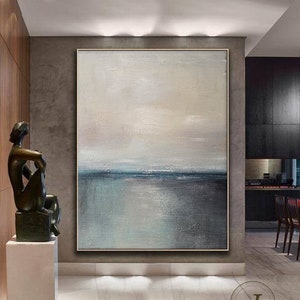 Large Sea Abstract Painting,Green Ocean Landscape Painting,Gray Sky Landscape Painting,Wall Painting,Large Wall Art,Living Room Painting image 1