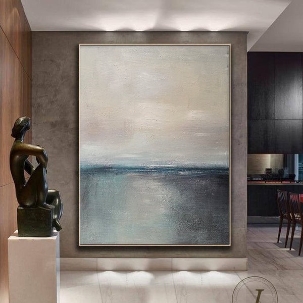Original Sea Abstract Painting,Green Ocean Landscape Painting,Gray Sky Landscape Painting,Wall Painting,Large Wall Art,Living Room Painting