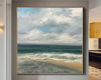 Original Sea Abstract Oil Painting, Large Sky And Sea Painting,Beach Texture Painting,Large Ocean Canvas Painting,Living Room Art,Home Decor