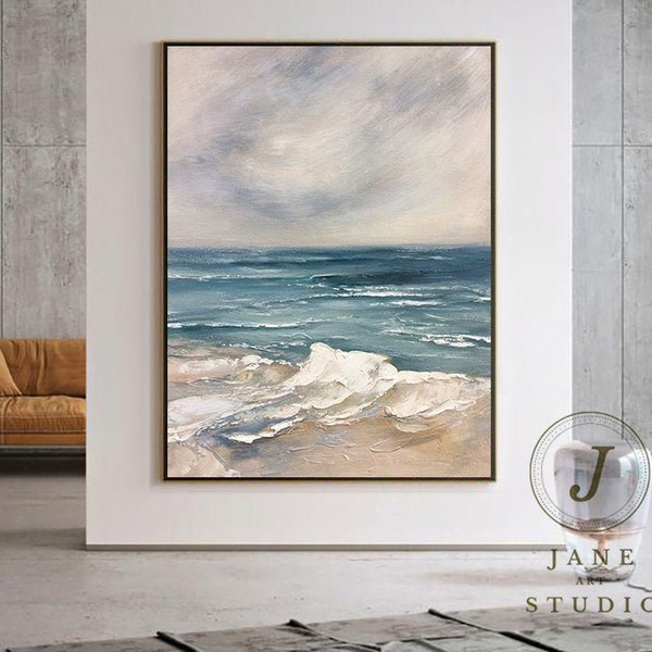 Original Sea Abstract Painting,Blue Ocean Landscape Painting,Sky Painting Original Abstract White wave painting Large Livingroom Wall Art