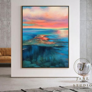 Large Original Sea Abstract Painting,Blue Ocean Landscape Painting,Red Sky Landscape Painting Canvas Abstract Original Living Room Wall Art