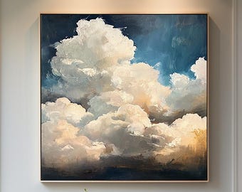 白い雲の油絵 大きな雲の壁アート オリジナルの曇り空の絵画 白い雲の