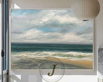 Original Sea Abstract Oil Painting,Large Sky And Sea Painting,Beach Texture Painting,Large Ocean Canvas Painting,Living Room Art,Home Decor