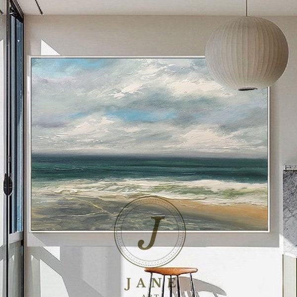 Origineel zeegezichtolieverfschilderij: abstracte strandtextuur, grote canvaskunst