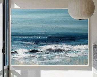Navy Blue Sky Abstract Painting,Wave Abstract Painting,Large Sky And Sea Painting,Ocean Canvas Oil Painting, Sea Landscape Abstract Painting