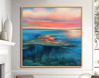 Large Sky And Sea Painting,Beach Texture Painting,Original Sea Abstract Oil Painting,Large Ocean Canvas Painting,Living Room Art,Home Decor